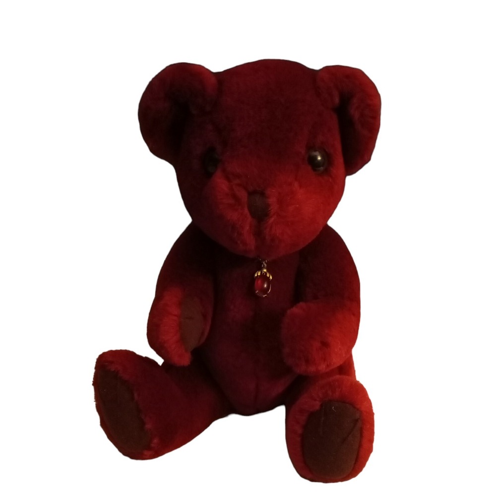 Vintage Burgundy Red Teddy Bear with Necklace Plush Stuffed Animal 12.5"